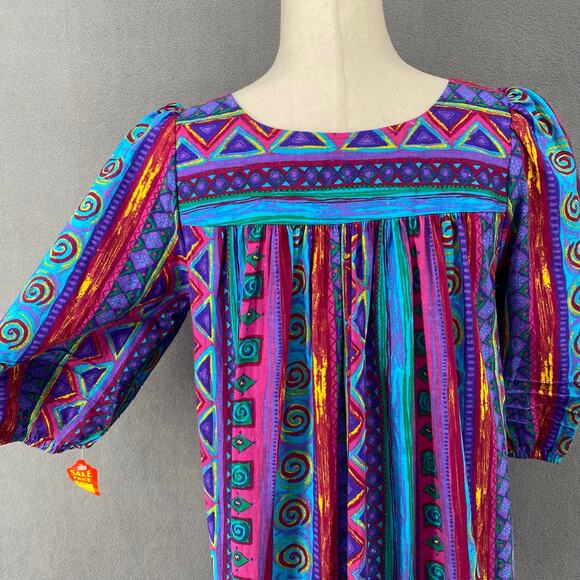Vtg 80s 90s Two Potato Laguna Beach Artsy Midi Tiered Muumuu Dress XS Cotton NOS - Picture 5 of 16